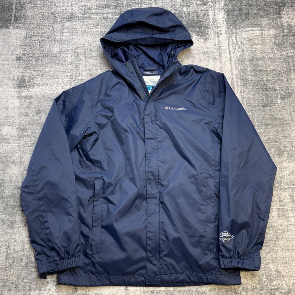 Columbia Watertight Rain Jacket Mens Small Navy Omni-Tech Waterproof Hooded Coat